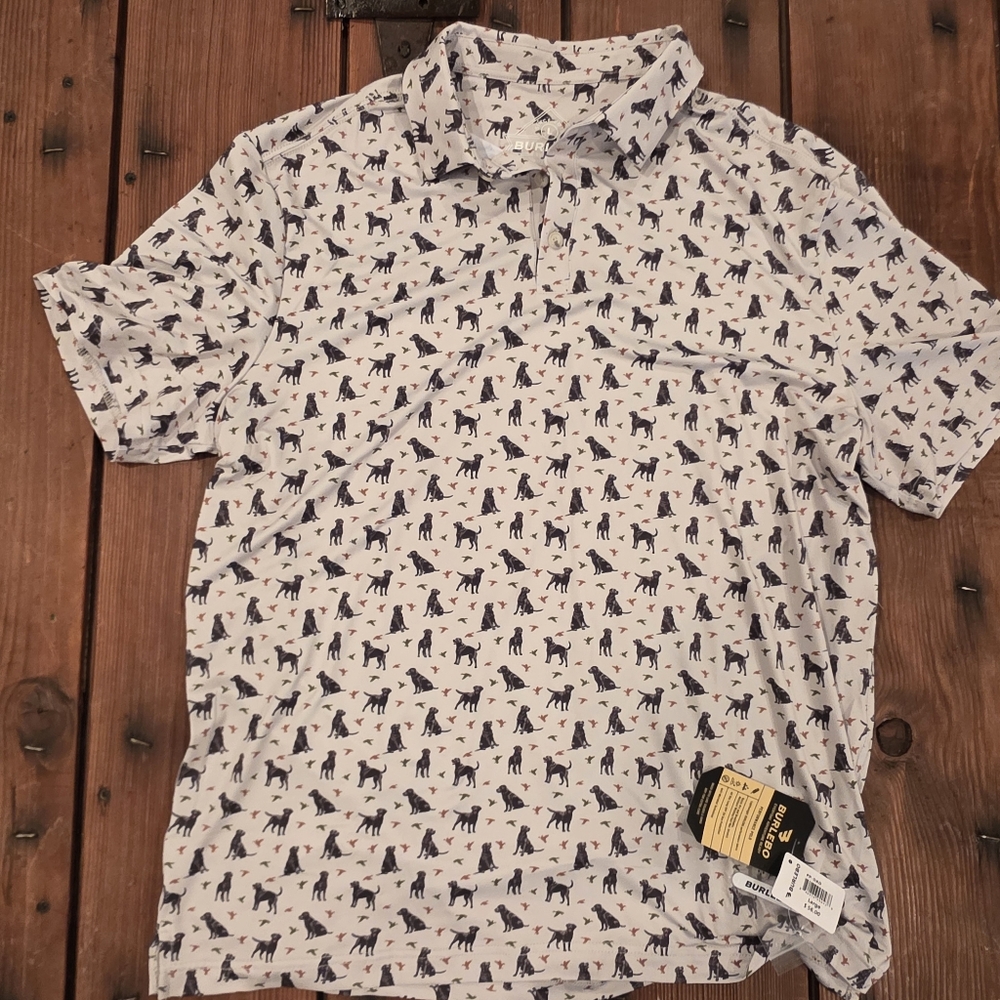 BURLEBO White Polo Shirt with Navy and Brown Dog Print